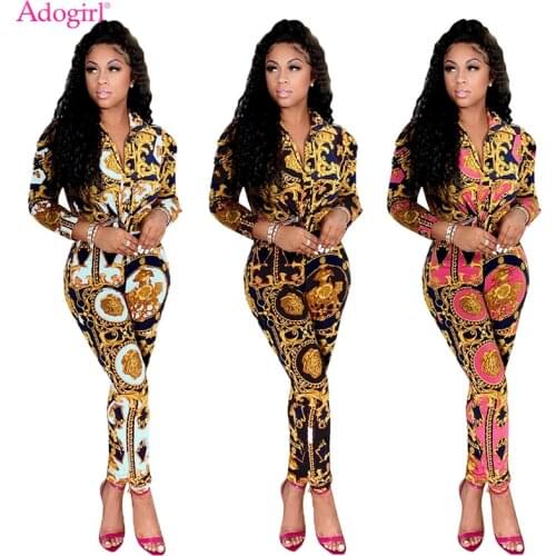 Adogirl Paisley Gold Chain Print Women Two Piece Set Puff Long Sleeve Shirt Crop Top Pencil Pants Professional Uniform Work Suit