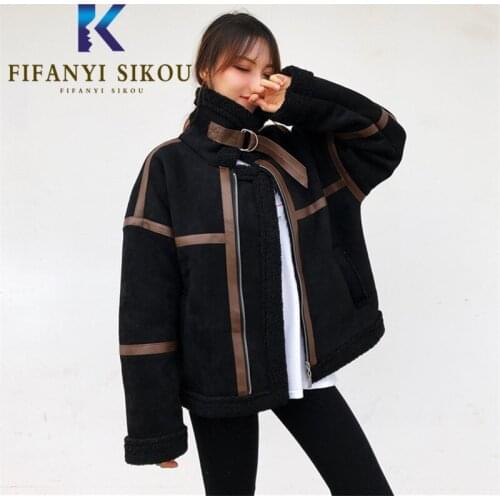 Suede Jacket Women Winter Thick Warm Lambs Wool Jackets Fashion Faux Leather Jacket Female Zipper Lapel Loose Motorcycle Coat