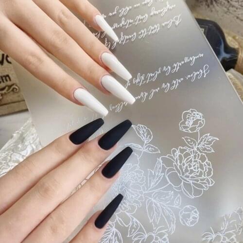 24pcs Matte frosted black and white coffin armor Nails detachable False Nail TO