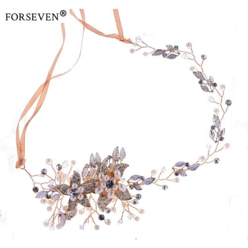 Trendy Crystal Pearl Flower Bridal Headband Handmade Tiara Headdress Gold&Silver Color Wedding Hair Jewelry Accessories