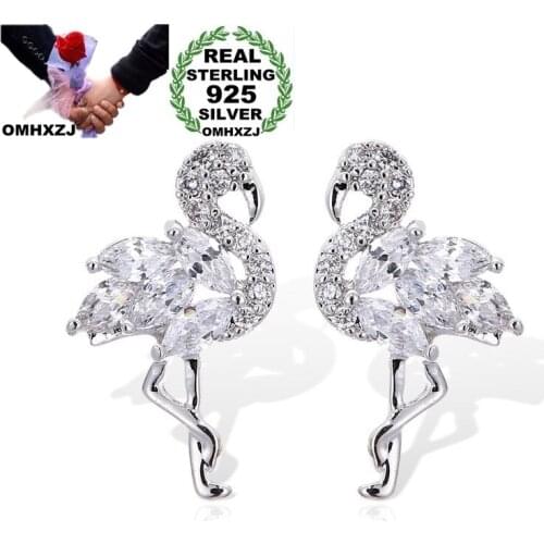 OMHXZJ Wholesale HS187 Fashion Woman Girl Party Birthday Wedding Gift Flamingo Zircon 925 Sterling Silver Needle Stud Earrings