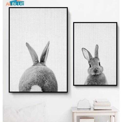 Scandinavian Poster Kids Cute Animal Rabbit Black White Wall Art Canvas Painting Nordic Posters And Prints Wall Picture For Baby