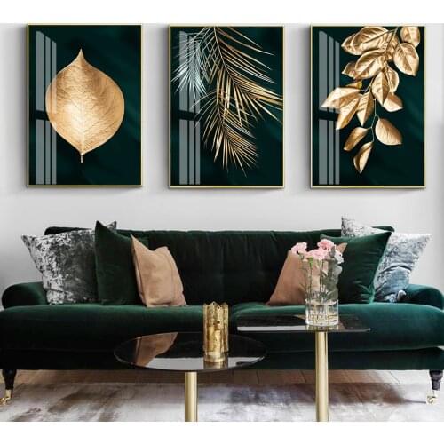 Self-adhesive Wall Stickers Golden Leaf Plants Dark Green Background Painting Prints Wall Art Poster Picture Home Decorative