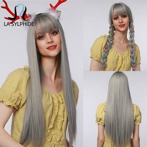 La Sylphide Synthetic Long Straight Wig Root Silver Gray with Bangs for Woman Wigs Party Cosplay Heat Resistant Fiber