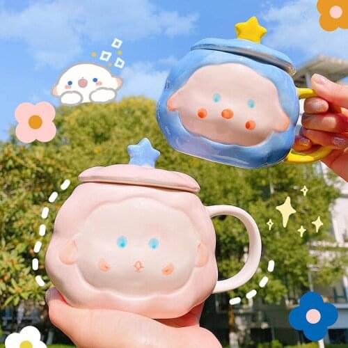 Ins Girl Cute Mug Ceramic Water Cup Household with Cover Creative Lovers Coffee Drinking Milk Coffee Cup Cute Cup Small Fresh