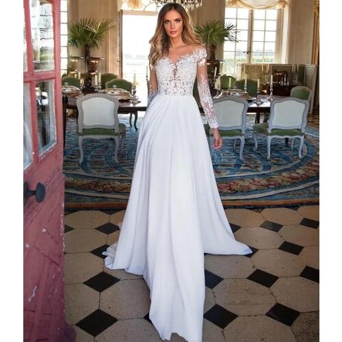 Charming Long Sleeve Wedding Dress 2021 Cheap Beach For Bride A-Line Sheer Neck Side Slit Appliques Bride Gown Vestidos De Noiva