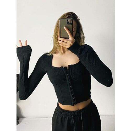 Square Neck Front Hook and Eye Sitch Trim Retro Long Sleeve Vintage Crop Sweatshirt Top