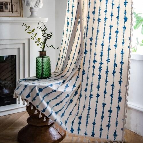 Blue stripe geometric printing curtain finished kitchen curtain bay window curtain