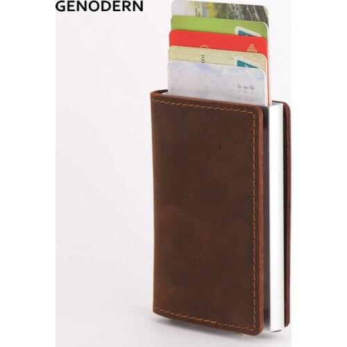 GENODERN Cow Leather RFID Card Holder Wallet Men Slim Business Bank Credit Card Minimalist Wallet Aluminum Box Card Purse