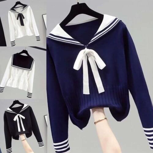 Women Sailor Collar Sweater Casual Streetwear Long Sleeve Knitted Pullover Jumper Female Slim Fit Tops Tunic