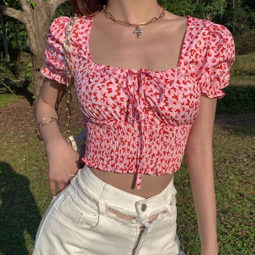 Floral Print Elegant Shirt Women Slim Fit T-shirt Ladies Puff Sleeve Square Collar Vintage Crop Top 2021 Summer Casual Tee Tops
