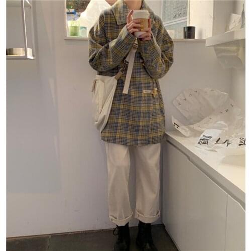 New Women Plaid Woolen Coat Long Sleeve Turn-down Collar Horn Button Jacket Ladies Autumn Spring Elegant Overcoat