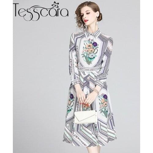 TESSCARA Women Autumn Vintage Dress Shirt Female High Quality Long Elegant Office Party Robe Femme Runway Designer Vestidos