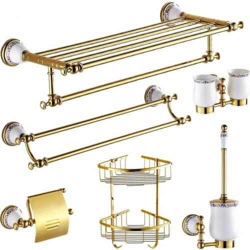 Gold Ceramic&Brass Bathroom Accessories Sets Porcelain Base Bathroom Hardware Set Flower Polished Bathroom Product Sets