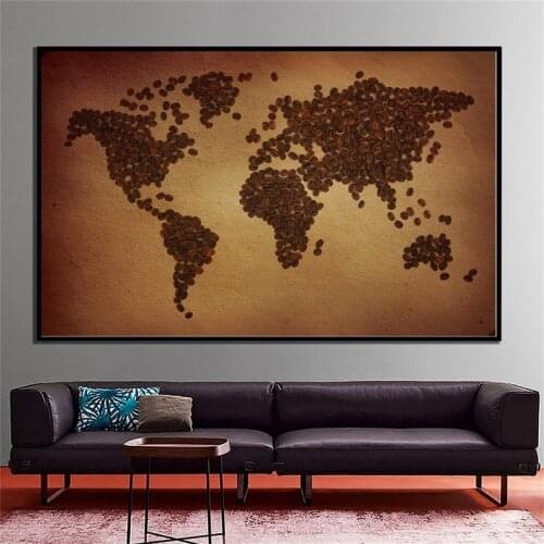 150x225cm Non-woven DIY World Map Plate Pattern Made of Coffee Beans Home Wall Decorative Poster Map for Home Hotel Office Decor