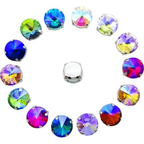 AB colors Rivoli round shape glass Crystal strass Silver claw flatback Colorful Sew on rhinestones beads garment accessories diy