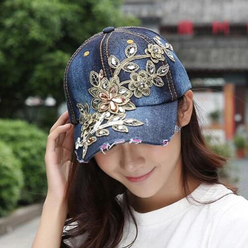 Caps Womens Embossing Flower Denim Baseball Cap Summer Rhinestone Inlaid Jeans Hat