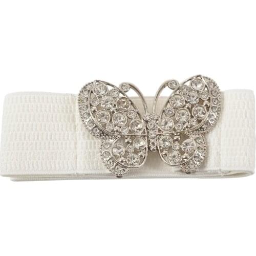 Women Rhinestones Accent Butterfly Hook Buckle Elastic Cinch Waist Belt White