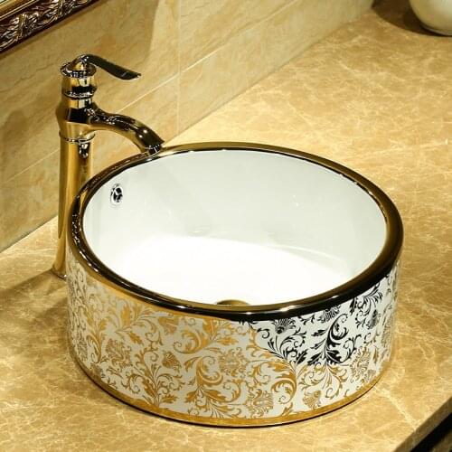 European Gold Platform Basin Ceramic Art round Wash Basin Bathroom sinks