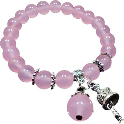 FYJS Unique Silver Plated Small Bell Connect Round Beads Rose Pink Quartz Stretchy Bracelet for Women Jewelry
