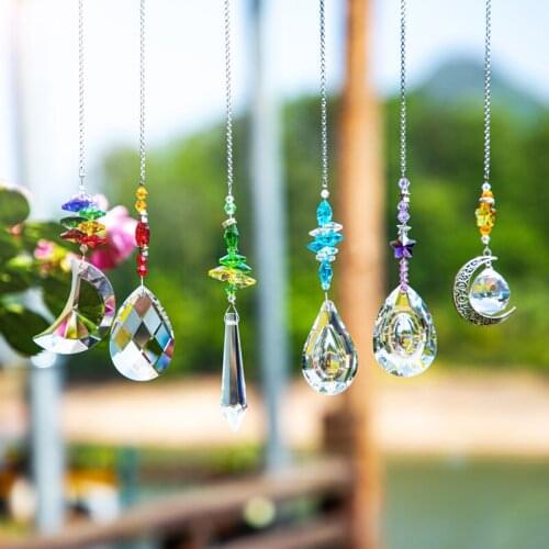 H&D 6PCS Crystal Chandelier Prism Suncatchers Hanging Ornament for Window Home Garden Rainbow Maker Moon & Star Pendant Decor