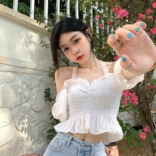 Summer Y2k Sexy White Strap Blouse Tops Japanese Korea Soft Girl Kawaii Ruffles Lolita Short Shirt Women Slim Sweet Party Blouse