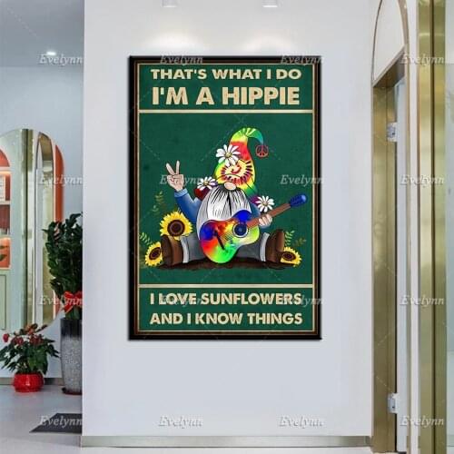 LGBT Hippie Gnome And Guitar Retro Poster Thats What I Do I'm Hippie I Love Sunflowers Wall Art Prints Home Decor Canvas Gift