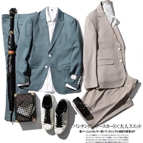 Men Suits Slim Fit Spring Autumn Fashion Japanese Korean Suit Ankle-Length Pants Single Breasted 2 Buttons Business Work Party