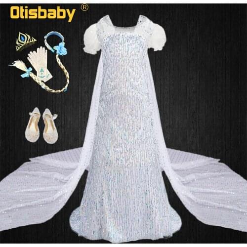 Fancy Girls Snow Queen Sequins Princess Dress elza Cothes Summer Baby Girl Elsa 2 White Dress with Long Cloak Vestidos Menina