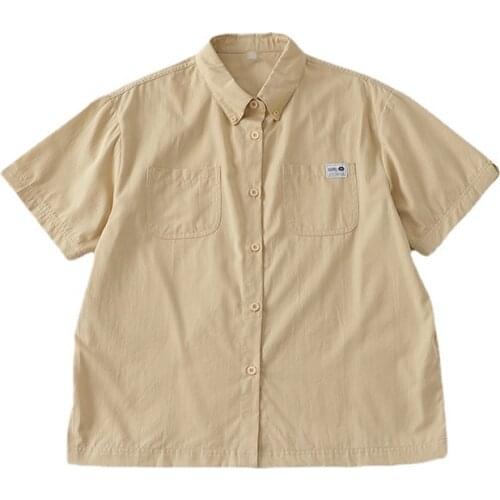 Bebobsons New Retro Khaki Loose Unisex Short-sleeved Shirt Womens High-quality Lapel Single-breasted Casual Top Summer T-shirt