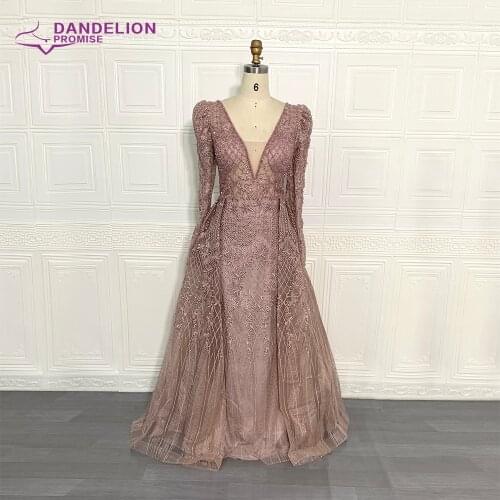 Dubai Luxury Evening Dress for Women 2020 Mermaid V-Neck Long Sleeves Beads Handmade Formal Party Gowns