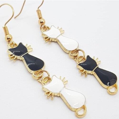 Handmade Dangle Black and White Cat Earrings - Great Gift for Cat Lovers