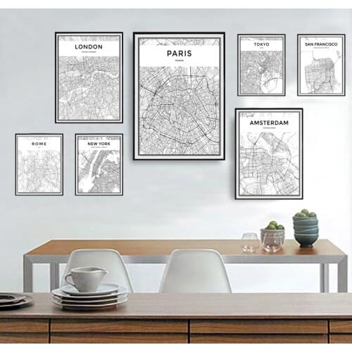 Modern City Maps Travel Contour Map Pictures Canvas Paintings Black White Poster Print for Living Room Wall Art Home Decoration
