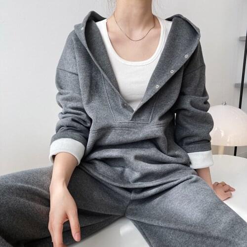 Sweatshirts Sets Fall New Loose Fitting Drop Shoulder Women Two Piece Sets Deep V neck Single Breasted Kangaroo Pocket Hoodies