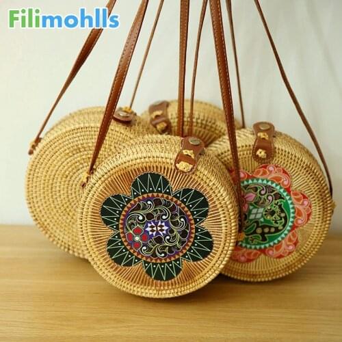 Bali Vintage Handmade Crossbody Leather Bag Round Beach Bag Girls Circle Rattan bag Small Bohemian Flower Shoulder bag S1838