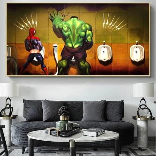 Funny Marvel Superhero Toilet Pee Canvas Painting SpiderMan Hulk Movie Print Mural Poster and Print Wall Art Picture Home Decor