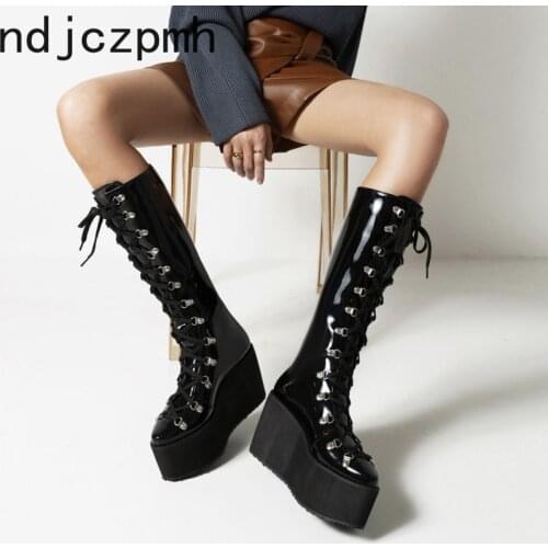 Women Boots Autumn and Winter New Fashion Platform Boots Super High (10cm-up) Round Toe Lace-up High Boots Plus Size 33-48 Black