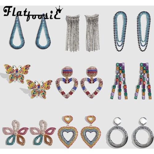 Flatfoosie New Colorful Crystal Dangle Drop Earrings For Women Big Brand Design Flower Luxury Pendant Statement Earrings Jewelry