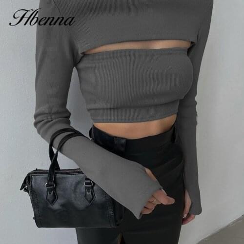 Hbenna Hollow out Split Crop Top Women Long Sleeve Tube Tee Women Solid Fashion Turtleneck Slim Elastics Solid Color Streetwear
