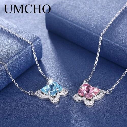UMCHO Butterfly Real 925 Sterling Silver Necklace Pink Blue Crystal Chain Necklaces For Women Romantic Wedding Gift Fine Jewelry