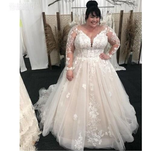 JIERUIZE Lace Appliques Luxury Plus size Wedding Dresses Long Sleeves Lace Up Back Wedding Gowns Bridal Dresses Vestido De Novia