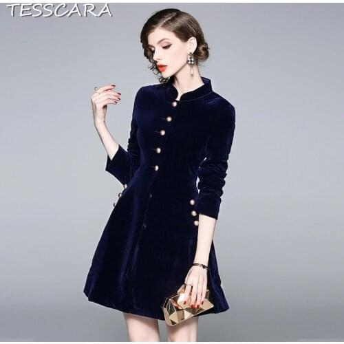 TESSCARA Women Winter Elegant Thick Velvet Dress Festa Female High Quality Designer Party Vestidos Vintage Office Robe Femme