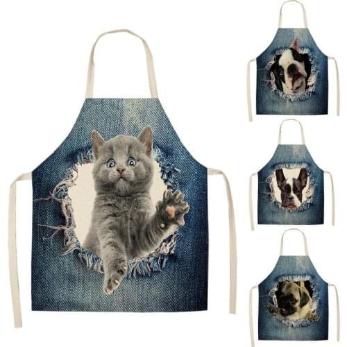 1 Pcs Cat Dog Pattern Kitchen Aprons Cotton Linen Unisex Dinner Party Cooking Bibs Funny Pinafore Cleaning Tools