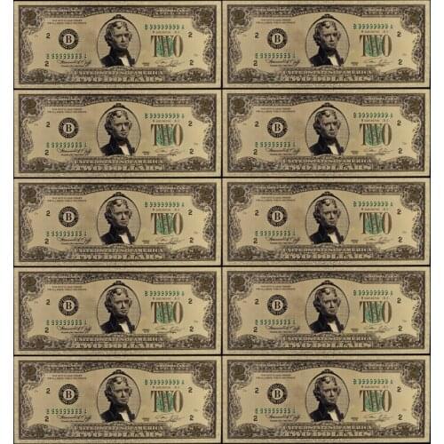 10pcs 24K Gold Plated Dollars Banknotes 2 Dollar Antique Gifts Souvenir Fake Money Gold Antique Plated