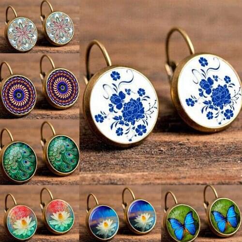 2019 Bohemia Styles Sunflower/Henna/Time Gem Drop Earrings European Vintage Silver/Bronze Glass Semi-precious Stones Pendant For
