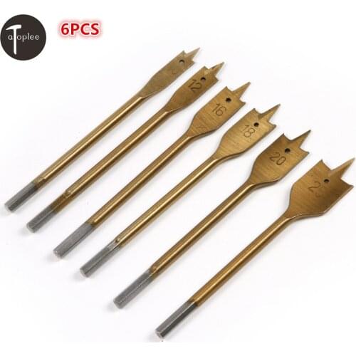 6pcs 10mm-25mm Flat Drill High-carbon Steel Titanium Plating Wood Flat Drill Set Woodworking Spade Drill Bits