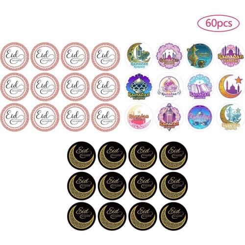 Behogar 60pcs Eid Mubarak Round Adhesive Label Seal Stickers for Envelopes Goodie Bag Favors Gift Boxes Decoration Supplies