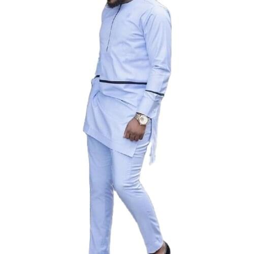 Light Blue Full Sleeve Male Shirts Matching Trousers Nigerian Mens Fashion Patchwork Tops+Long Pants Custom Party Wear