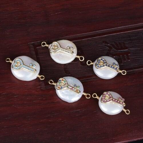 Micro paved multi colors cz gold key charm freshwater pearl wire wrapped buckles connector bead charm for DIY jewelry making