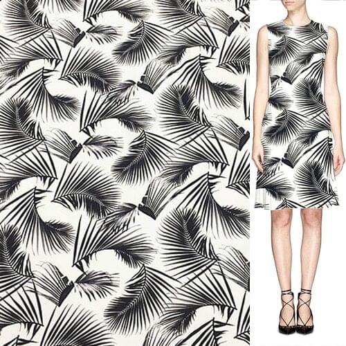 Black feather design on white bottom pure silk Crepe DE chine fabric,SCDC978